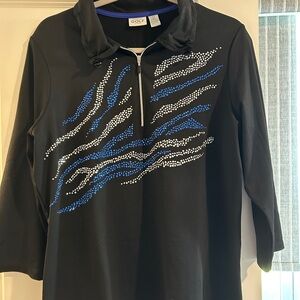 Chico’s Black Golf Quarter Pullover with Blue and Silver Accents. Size 2